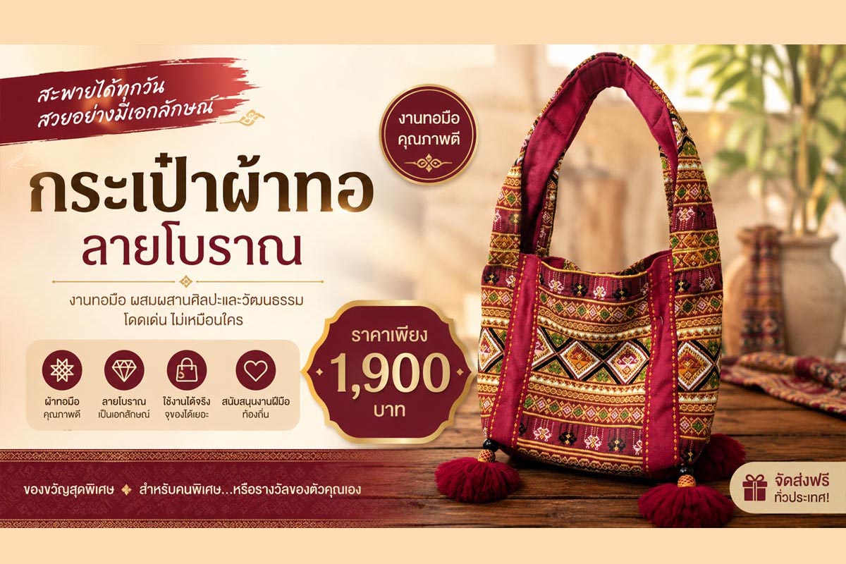 กระเป๋าผ้าทอจกลายโบราณ