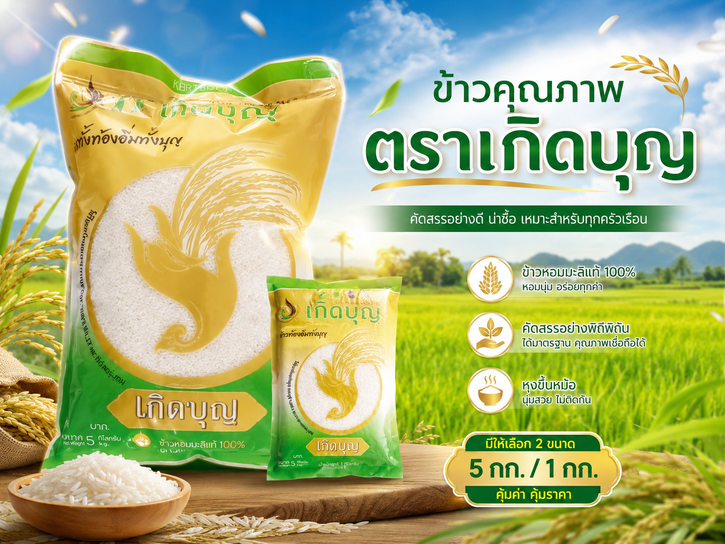 ข้าวหอมมะลิ 100% ตรา เกิดบุญ