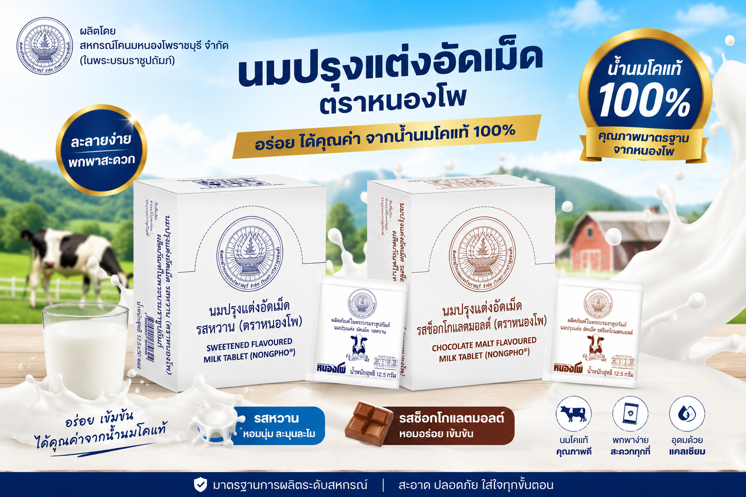 หนองโพ นมอัดเม็ด รสหวาน และ รสช็อคโกแลตมอลต์  ตราหนองโพ